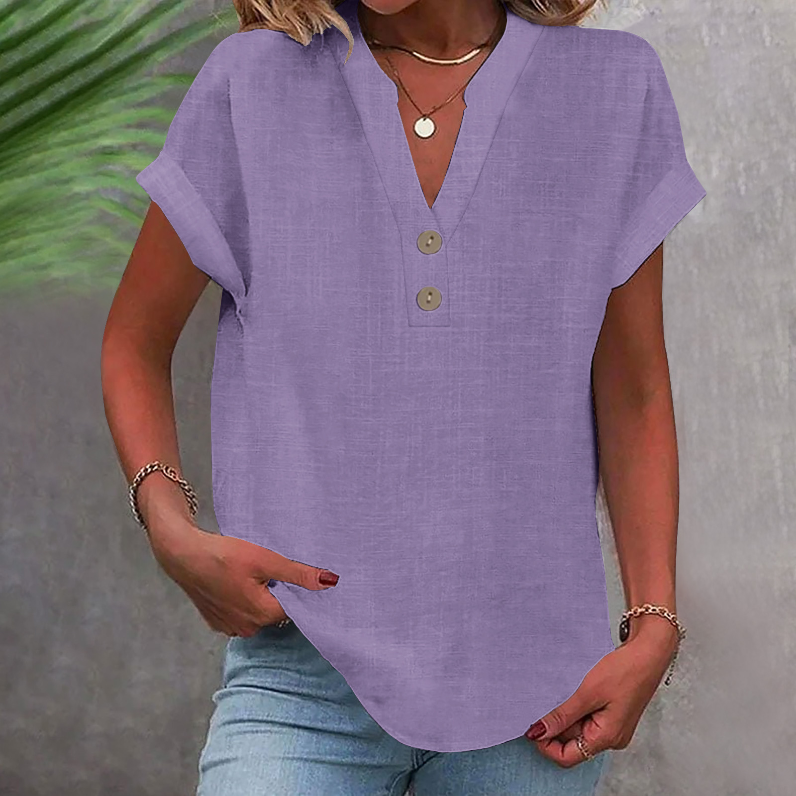 2025 European And American Summer Solid Color Stand Collar Button Short Sleeve Women's Shirt_ecoleips.com