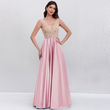 亚马逊欧美闺蜜闺蜜舞会正式礼服简约性感深V撞色礼服跨境深V性感