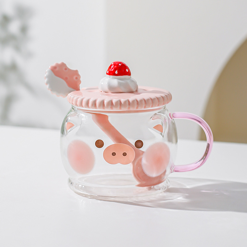 Creativo lindo alto borosilicato vidrio taza rosa corazón de la chica regalar taza de agua con cuchara de cerdo taza de gato