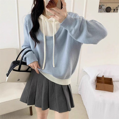 假两件拼色连帽毛衣女装秋冬新款韩版宽松减龄短款针织衫内搭上衣