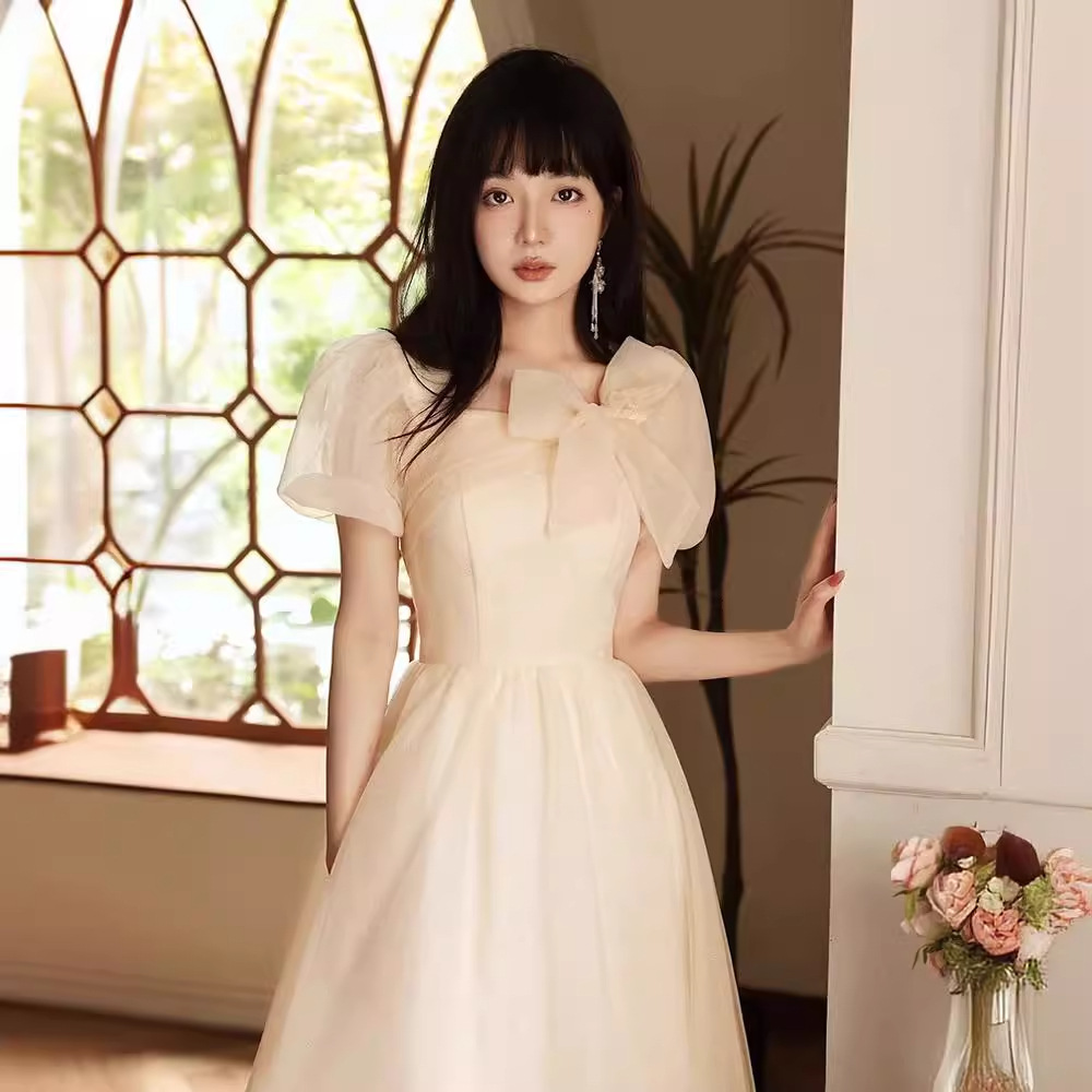 Đầm maxi nữ thắt eo kiểu Pháp, chất vải gạc nhẹ, phù hợp dự tiệc, lễ tốt nghiệp, lễ trưởng thành — Màu sâm panh, Màu trắng be, Màu xanh lam nhạt, Nhấp nháy nhẹ, hãy cẩn thận
