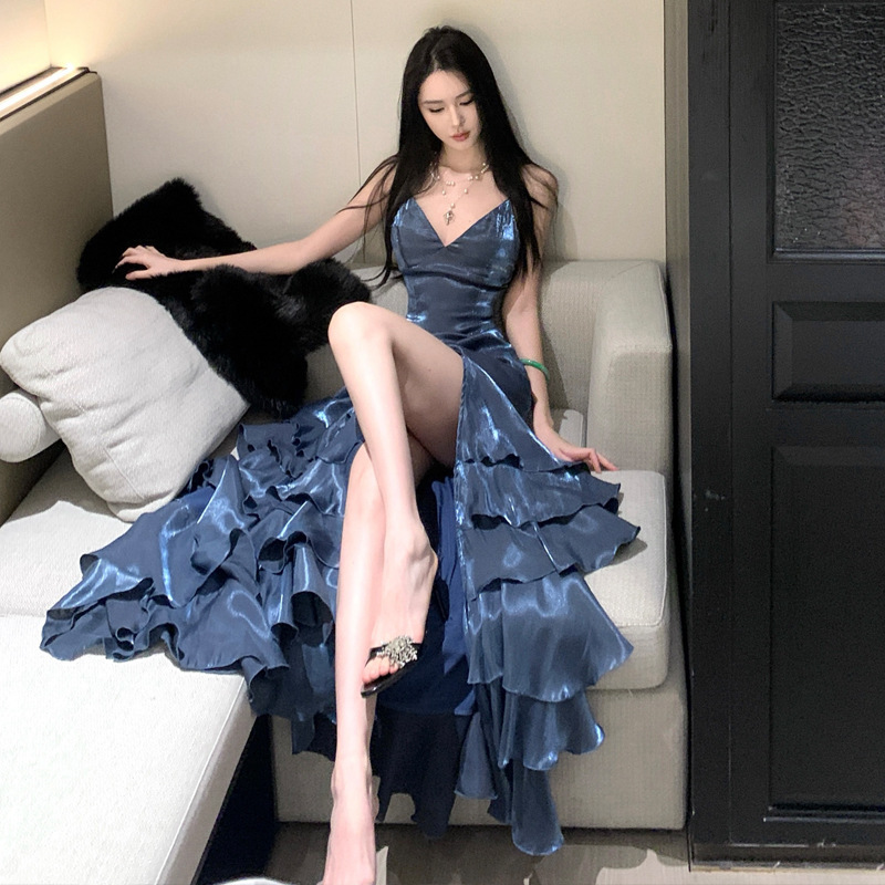 Seaside Vacation Blue Mermaid-Style High-End Ruffled Strap Dress for Women with a Unique Design, Backless and Slit Gown Seaside Vacation Blue Mermaid-Style High-End Ruffled Strap Dress for Women with a Unique Design, Backless and Slit Gown