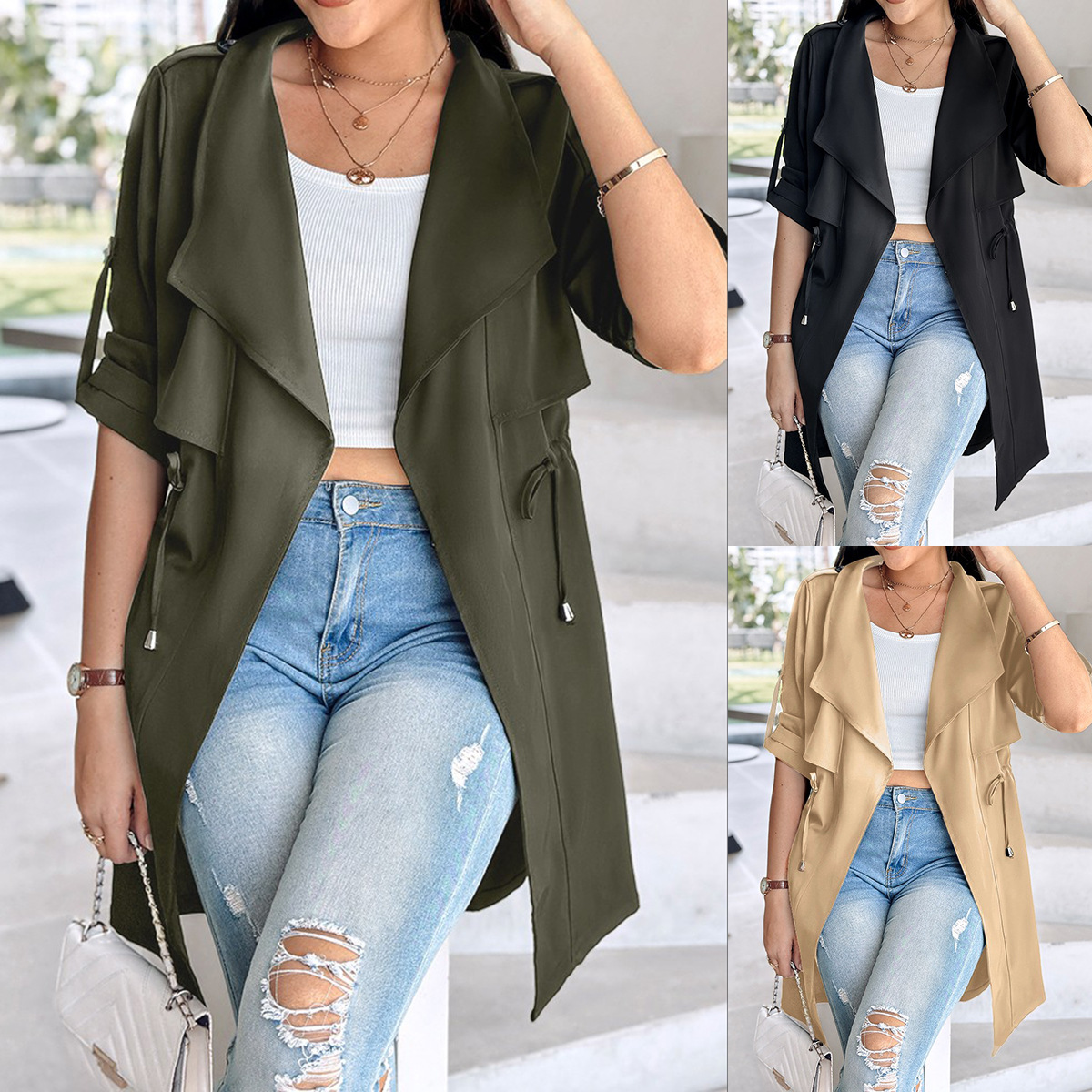 2026 Amazon Aliexpress Cross-Border Women's New Solid Color Loose-Fitting Waist-Cinching Rolled-Sleeve Mid-Length Trench Coat