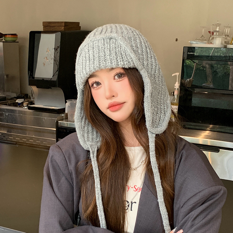 粉色针织毛线帽女秋冬季韩系百搭显脸小飞行帽保暖护耳雷锋帽子冬|undefined
