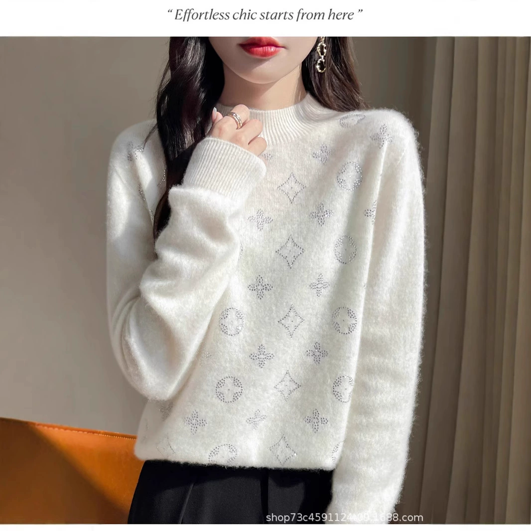 Премиум чувство горячего тиснения шерстяная нижняя рубашка женский пол-высокий круглый воротник свитер вязаный свитер осень-зима новый стиль