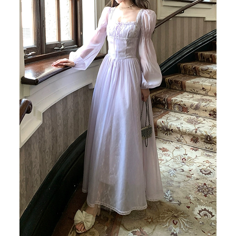 ZHOYUE紫色长款方领长袖连衣裙女夏季法式复古千金风气质收腰裙子|undefined