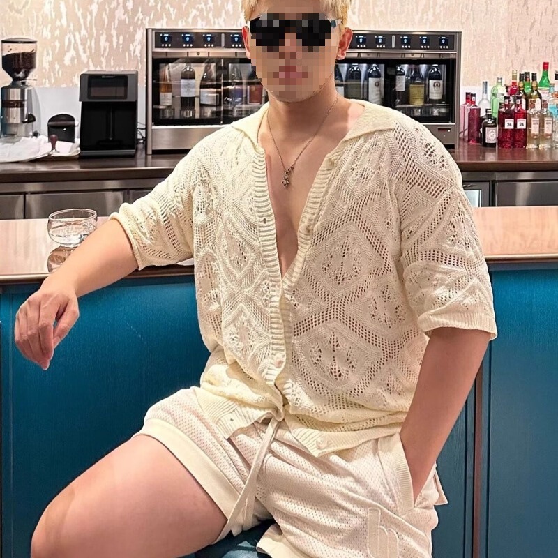 Summer American-style Thin Hollow-out New-style Handsome Knitted Short-sleeved Shirt Men's Retro Loose Lapel Shirt Fashionable apricot in stock