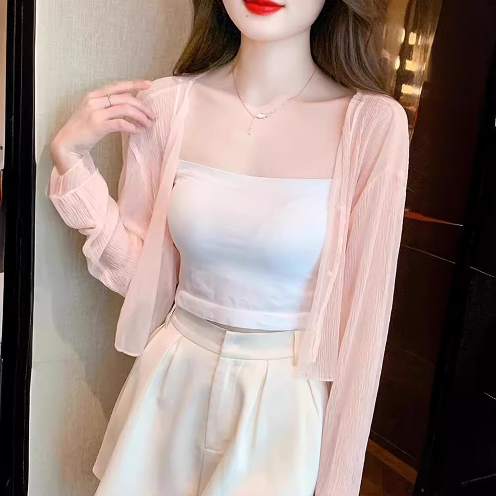 Women's long-sleeved cardigan with sun protection, 2024 style, shawl, skirt, loose fit, flattering, versatile short style.
