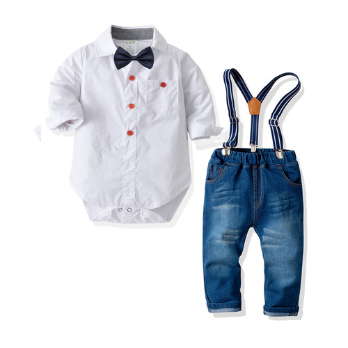 Cross-border baby suit, boy toddler, spring and autumn, triangular collar, tie, denim overalls set, crawling suit