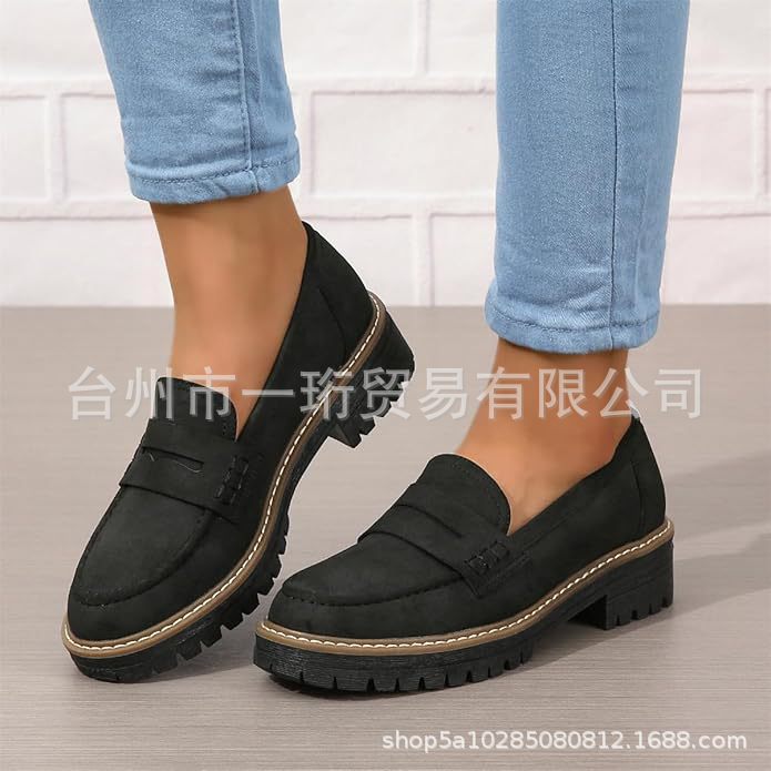 2024新款春秋乐福鞋大码休闲磨沙英伦风女鞋粗跟厚底外贸复古
