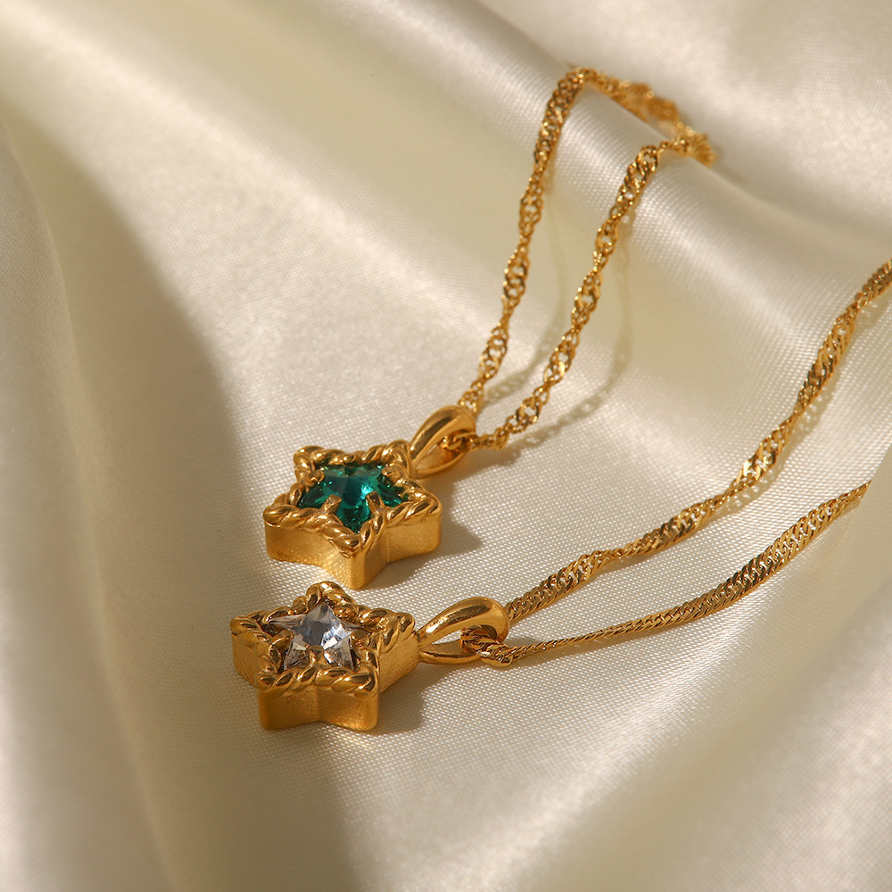 Fashion Pentagram Stainless Steel Titanium Steel Gold Plated Zircon Pendant Necklace