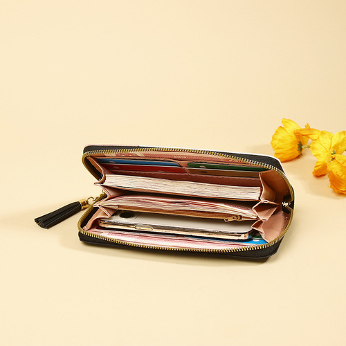 Korean Version 2025 Women's Wallet Striped Color Block Long Wallet with Zipper Tassel Large Capacity Women's Wallet