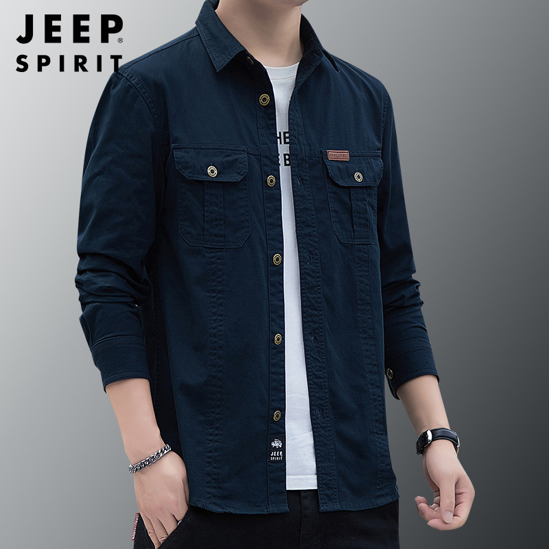 JEEP SPIRIT casual loose plus size Men's Youth Business square collar cotton long sleeve shirt men 7280