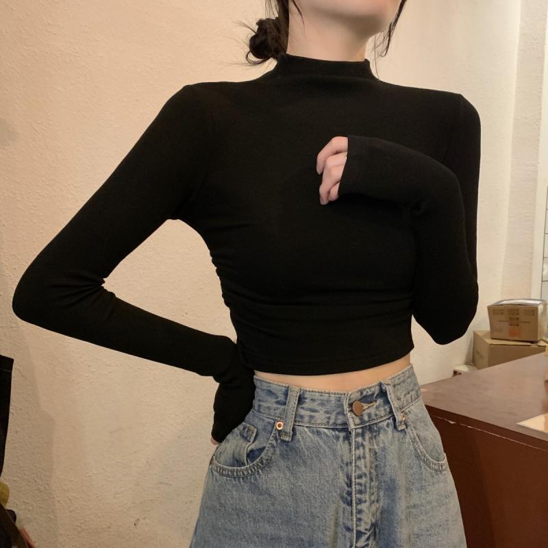 여성용 회색 하프 터틀넥 긴팔 티셔츠 봄 가을 퓨어 디자이어 스타일 이너웨어 슬림 숏 바텀 셔츠 아우터웨어 상의