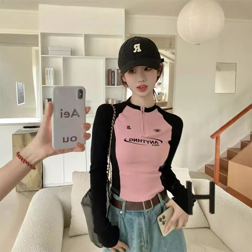Ins Pure Desire Base Shoulder Zipper Women's Long Sleeve Autumn/Winter Base Shirt Slim Short Collar Splicing Top Women's Small Shirt