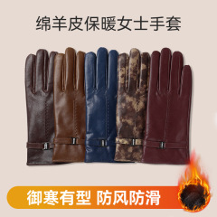 跨境皮手套加绒加厚女士冬季羊皮手套可触屏韩系开车骑行保暖手套