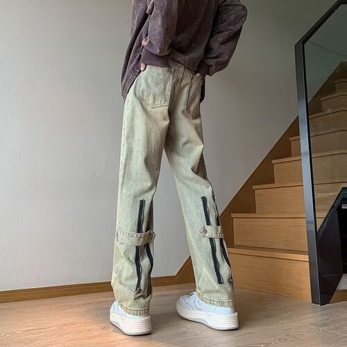 Summer Trend Fashion Denim Easy-to-Match Pants, Long Pants, Zipper Men, Harajuku, Instagram, Washed Retro Straight Leg Denim Pants