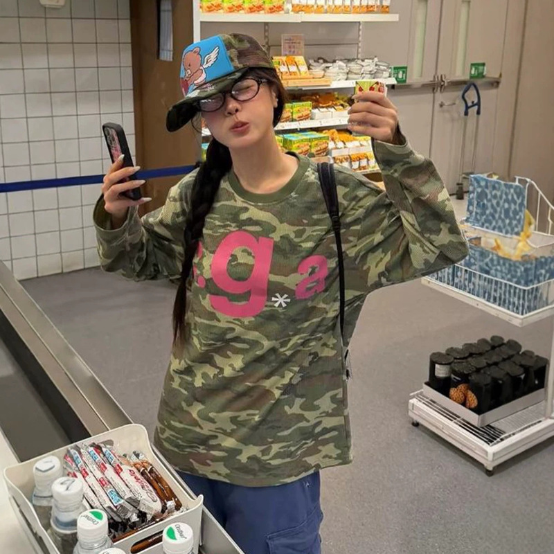 American Y2K retro camouflage waffle long-sleeve T-shirt for women, loose and casual street style, thin layering top