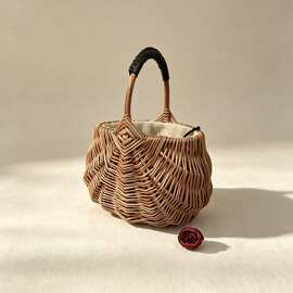 出口日本手工缝制皮把藤编包复古森系菜篮子椭圆形草编包水桶包
