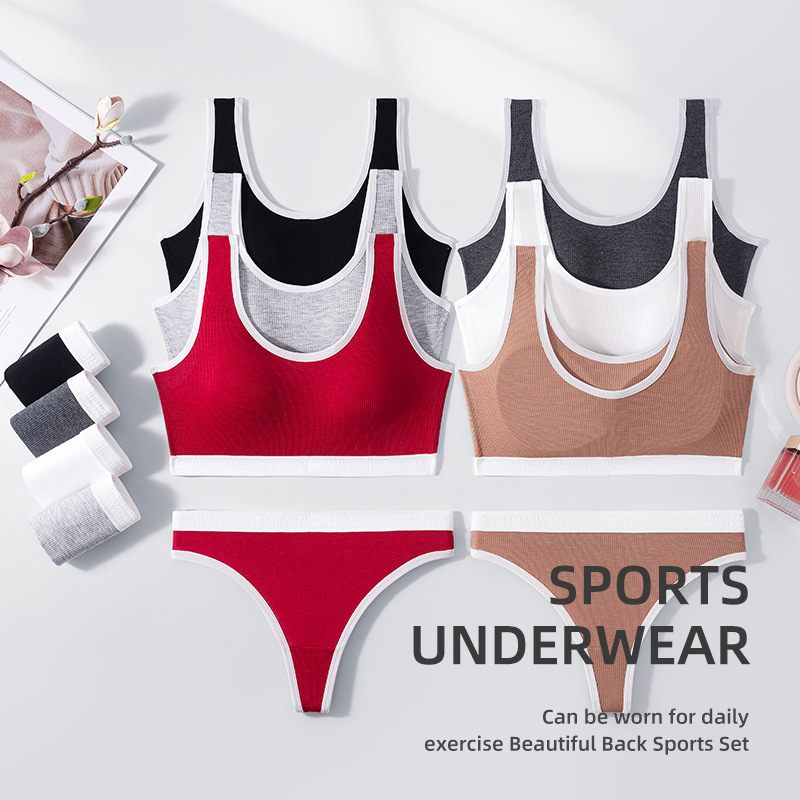 Foreign Trade Cross-Border Sports Bra Women's Thong Set Yoga Bra Wrap Chest Strap Chest Pad Vest Factory Direct Sale