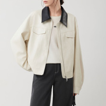 法式撞色翻领短款夹克式外套女2025冬季新款休闲通勤独特上衣