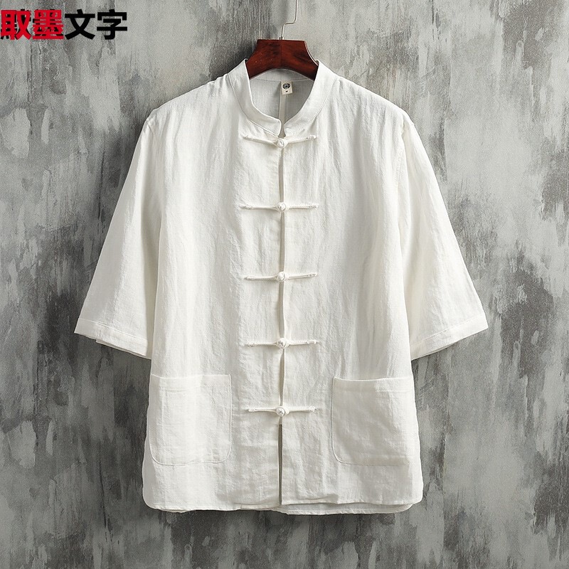 Chinese Style Chinese Collar Linen Shirt Men's Short-sleeved New Chinese Tang Coat Retro Style Cotton Linen Shirt Zhongshan Top