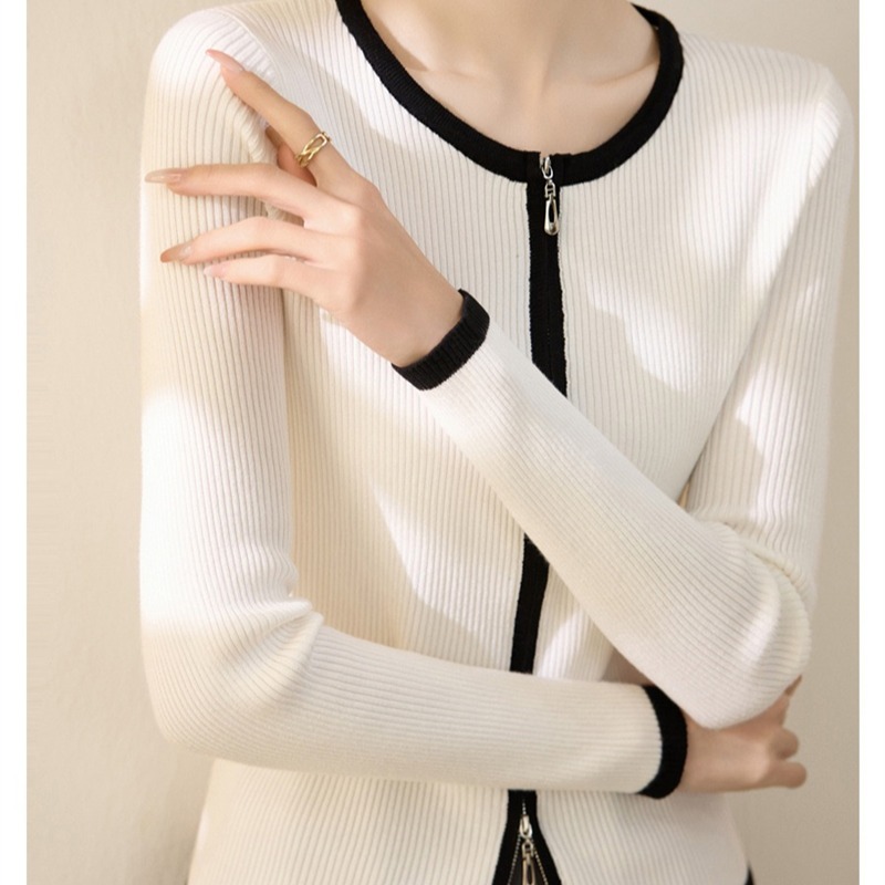 2025 nuevo diseño transfronterizo de cremallera de cuello redondo chaqueta de punto de camisa corta de mujer color corto cardigan de manga larga suéter