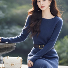 正式场合高端精致气质名媛轻奢高级感硫酸铜蓝色针织连衣裙子4400