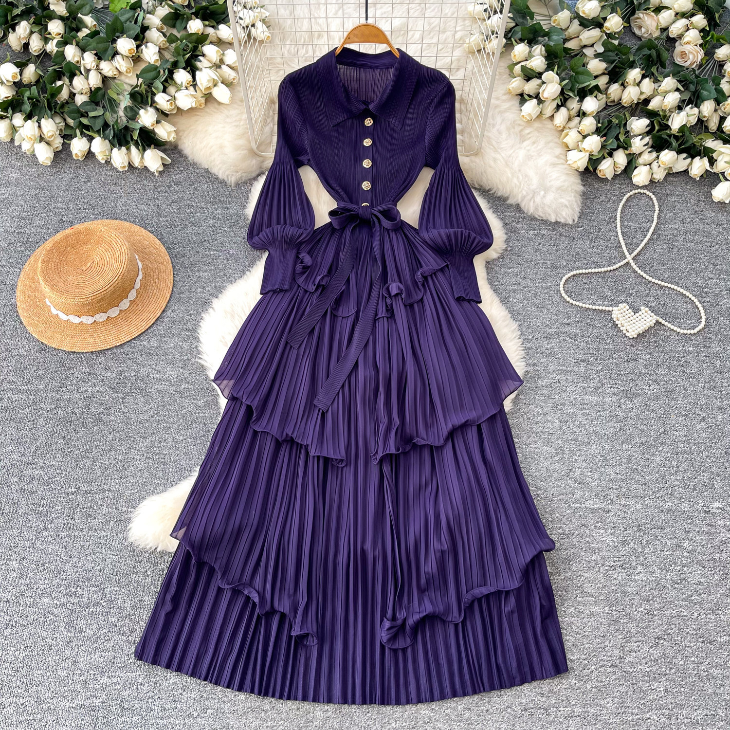 Korean Style Lantern Sleeve Dress, Women's Fitted Waist Tie Ruffle Pleated Cake Skirt, Slimming Long Skirt_ecoleips.com