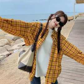 港味复古chic黄色格子衬衫女内搭叠穿宽松休闲百搭中长款衬衣外穿