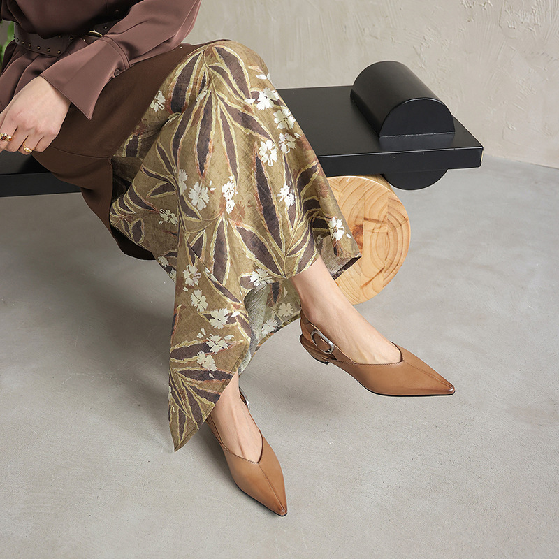 Giày sandal nữ mũi nhọn quai ngang gót thấp phong cách Hàn Quốc — màu nâu chi tiết 2