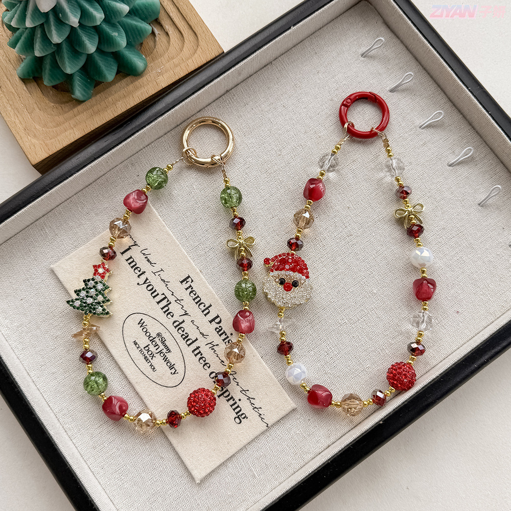 cute christmas full diamond alloy phone case ornaments santa tree phone key chain light luxury crystal lanyard