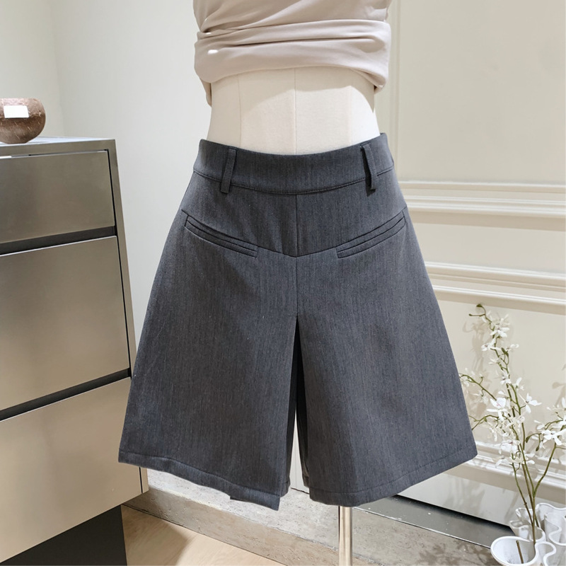 ファッショナブルでフィット感の良いヤッピープリーツミッドパンツレディースカジュアルスーツショートパンツゆったりワイドレッグ5点パンツ夏|undefined