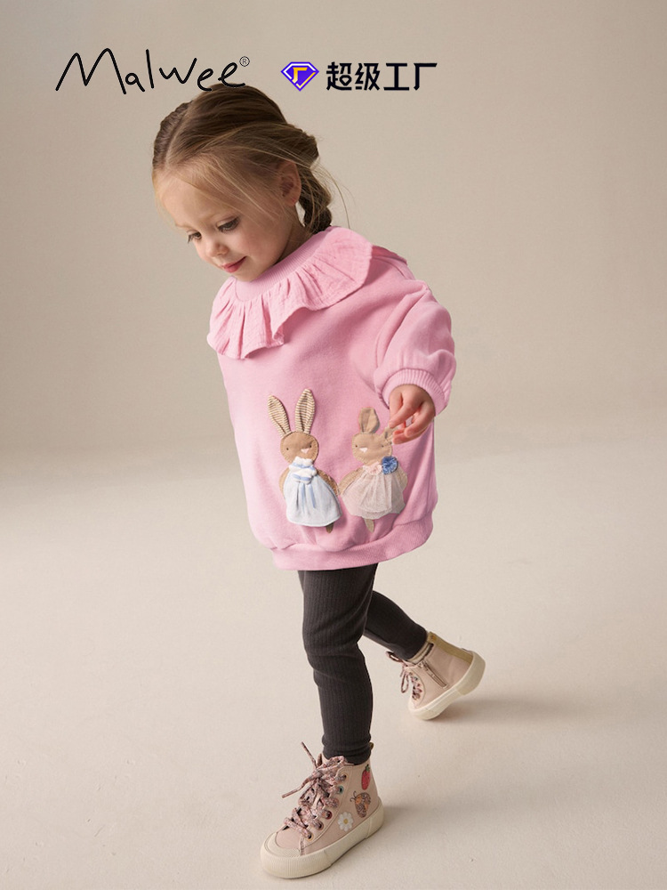 Cross-border malwee niñas chaqueta de otoño nuevo estilo europeo y americano para niños de cuello redondo camiseta de manga larga ropa infantil