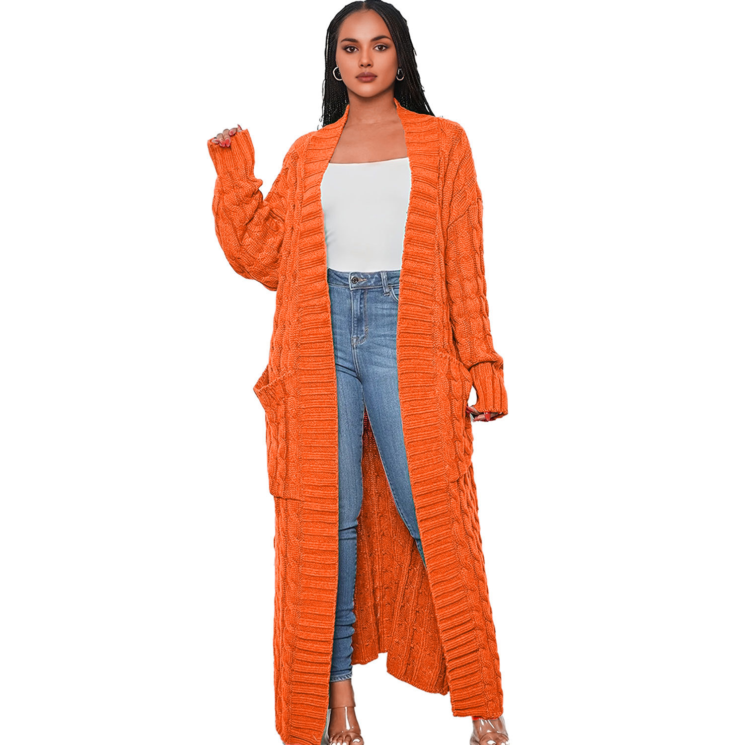 Damen Strickjacke Lang Aus Grobstrick In Unifarben Wintermantel_voghion.com