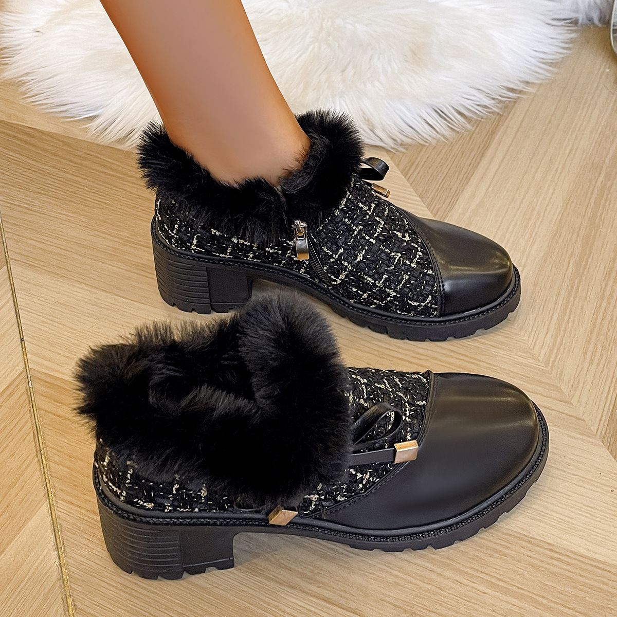 Autumn and winter new round head thick heel women's cotton boots and warm Martin boots_voghion.com