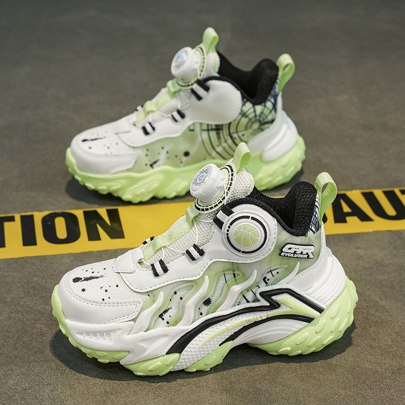 Rotating buckle children's basketball shoes, breathable mesh, big kids' sports shoes, boys' non-slip, wear-resistant, youth practical basketball shoes