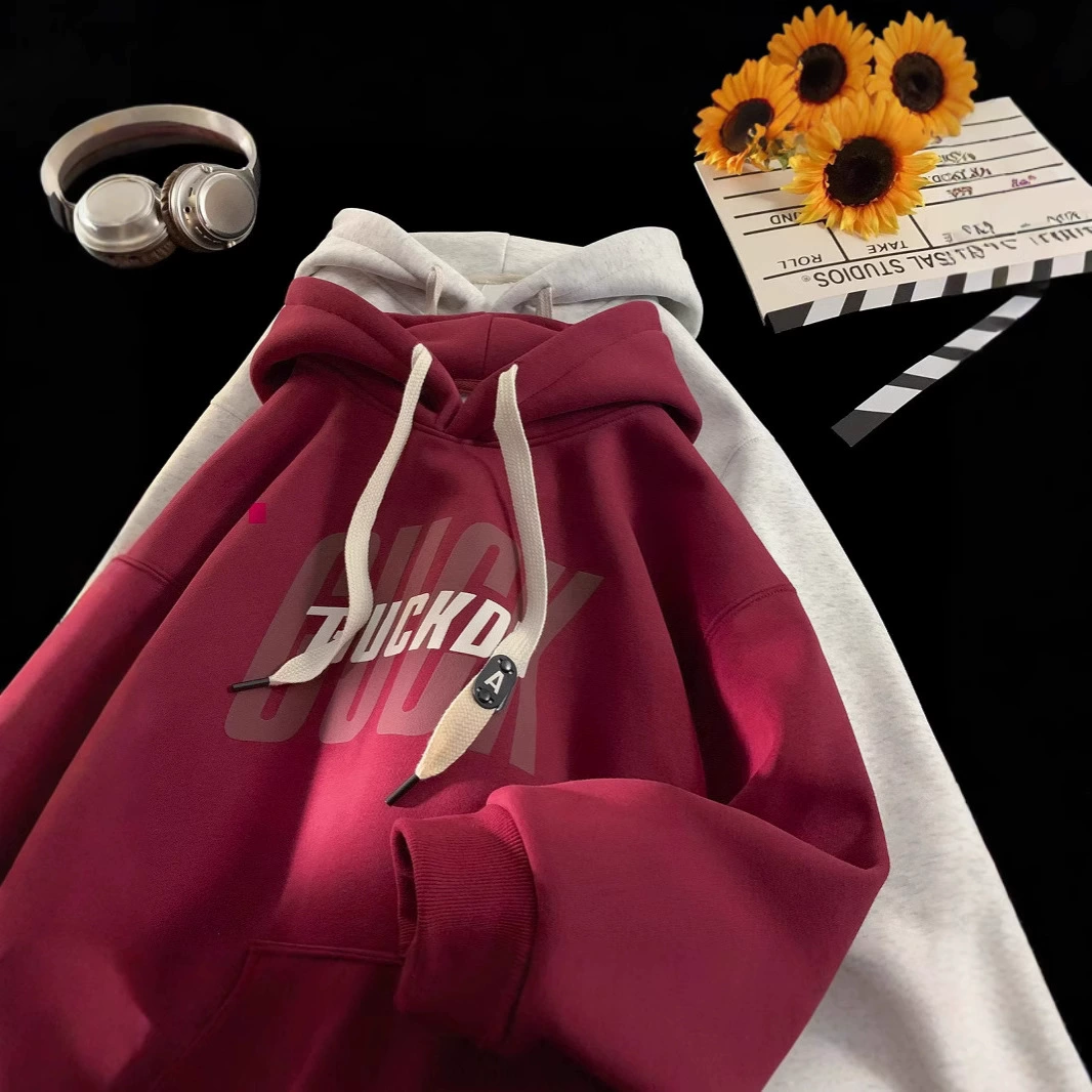 Мужская хлопковая толстовка с защитой от катышков, модный бренд в американском стиле для весны и осени, молодежная бордовая толстовка на тяжелой флисовой подкладке.