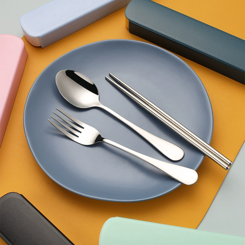 Handheld tableware stainless steel, travel set for elementary school students, storage box, chopsticks, 3 piece set, wholesale