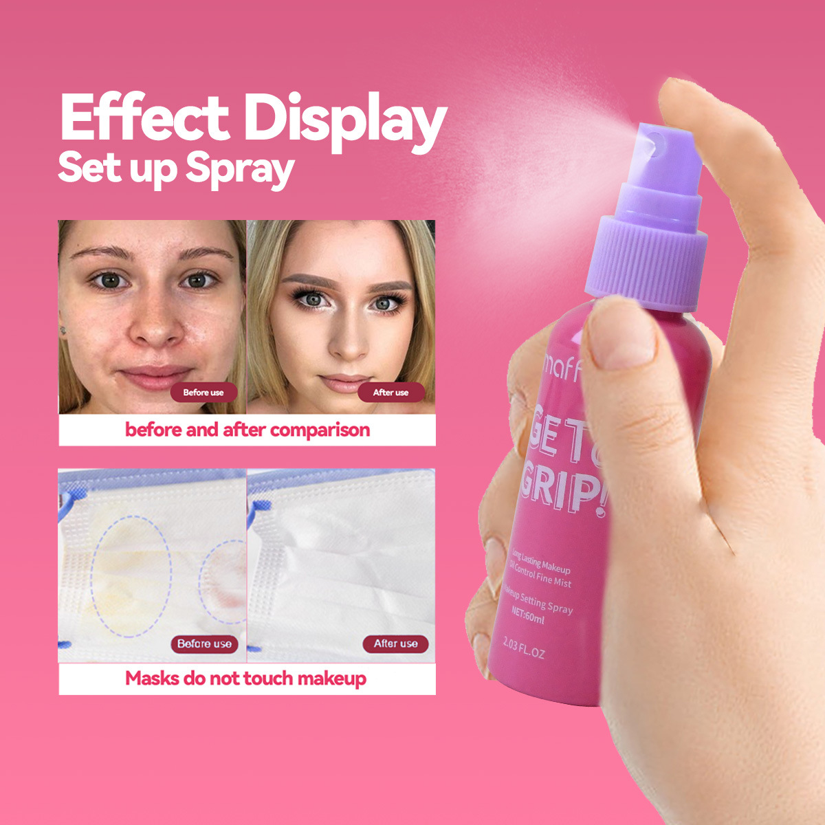 MAFFICK aerosol de maquillaje con sabor a sandía transfronterizo seco, hidratante, control de aceite, eliminación de maquillaje, duradero, impermeable y resistente al sudor, portátil 60ml