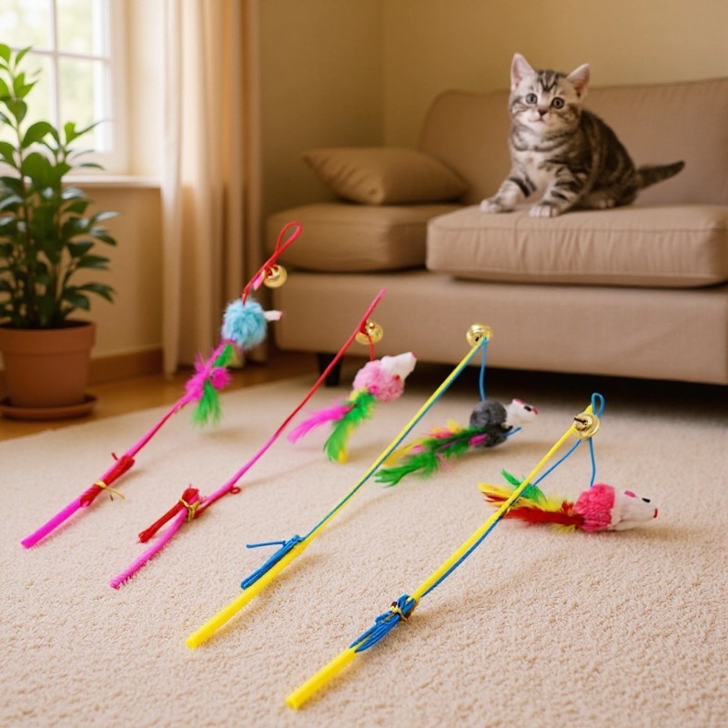 Fishing Rod cat stick Bell colored feather mouse kitten elastic rope cat toy pet supplies wholesale