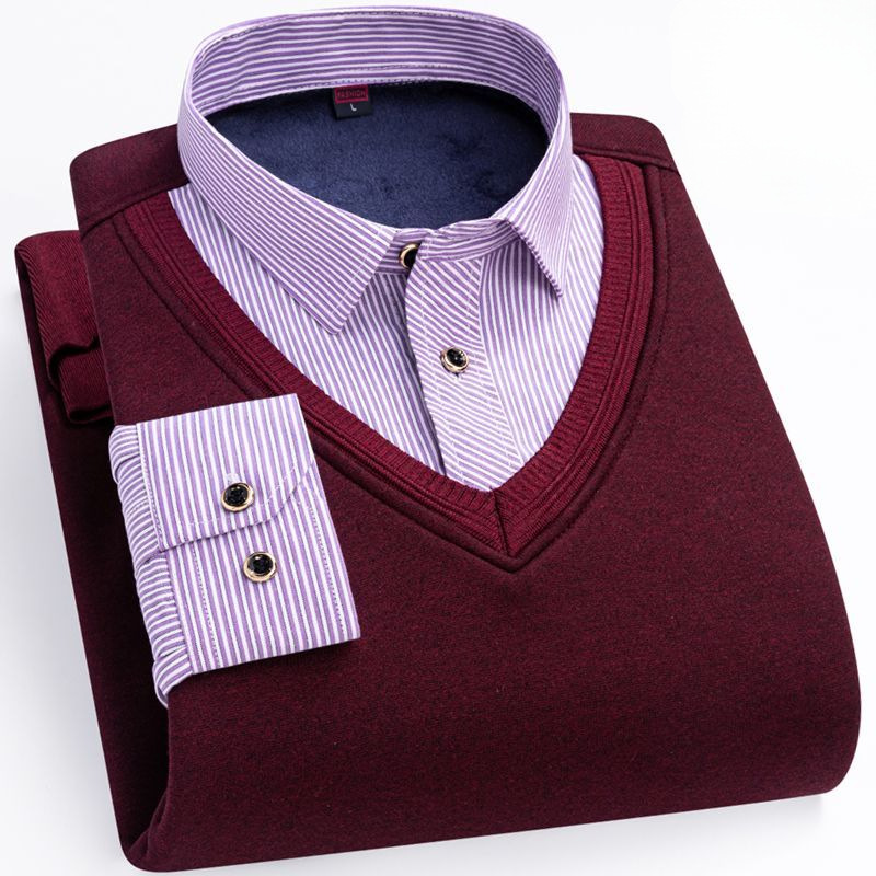 Fleece-Lined Thickened Men's Thermal Shirt, Faux Two-Piece Knitwear for Young and Middle-Aged Dads, Red Zodiac Year Thermal Underwear