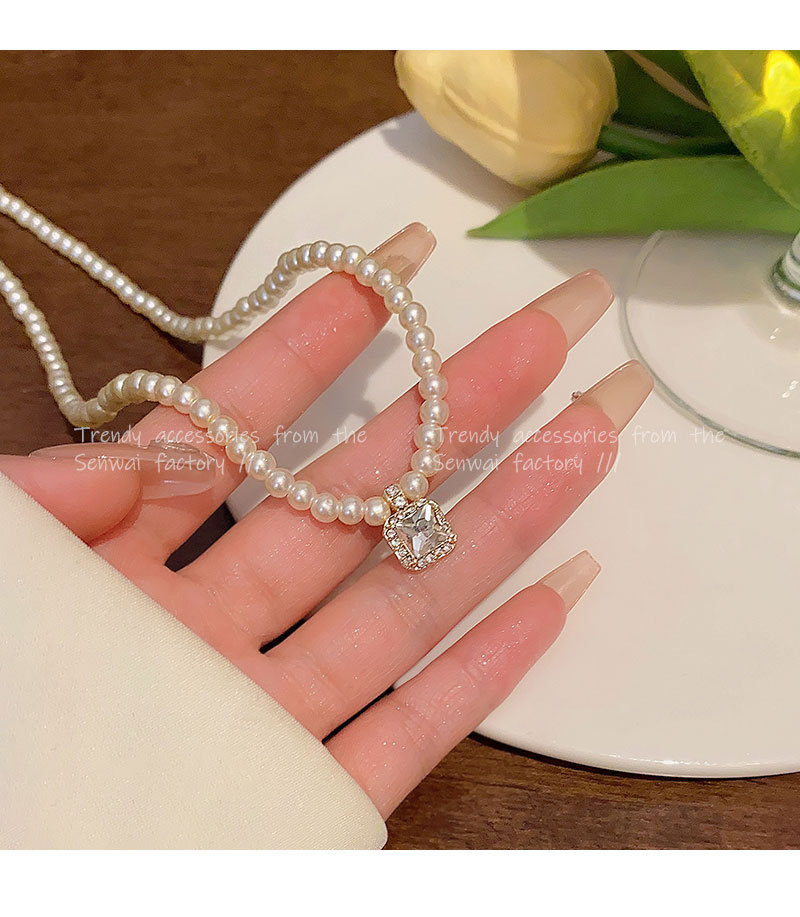 high-grade rhinestone square sugar pearl necklace for women light luxury minority elegant beaded clavicle chain internet celebrity same style ornament undefined