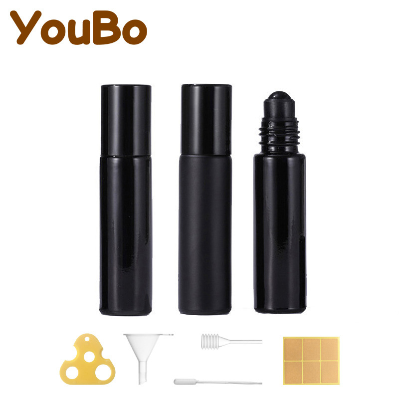 跨境现货盒装10ml黑色玻璃滚珠瓶精油瓶香水瓶走珠瓶唇油分装瓶