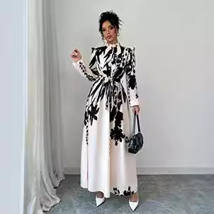 Cross-Border Foreign Trade Women's Clothing Autumn New Shein Slim Long Dress Printed Waist-Cinching Long-Sleeve A-Line Midi Dress