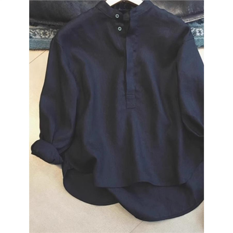 LP-8009 Spring/Summer Thin Collar Black Lower Arc Shirt Female Korean Linen Casual Loose Long Sleeve Shirt LP-8009 Spring/Summer Thin Collar Black Lower Arc Shirt Female Korean Linen Casual Loose Long Sleeve Shirt