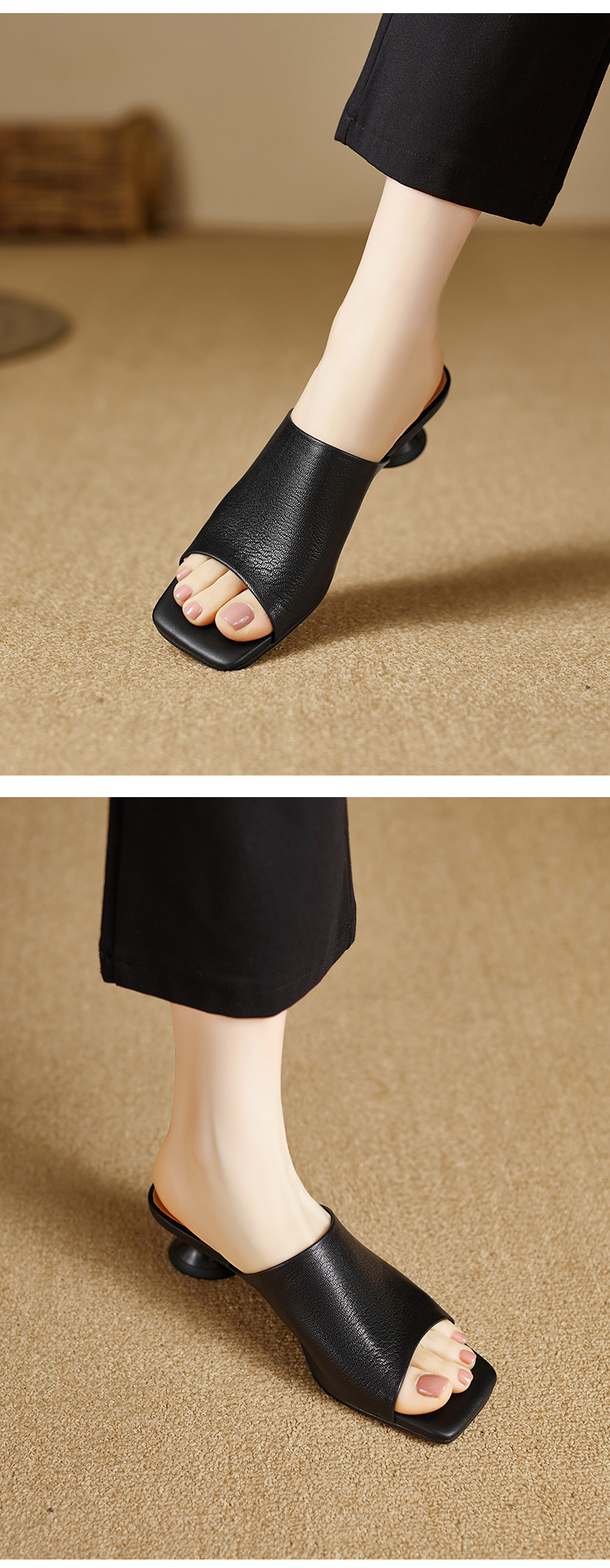 Sandal cao gót nữ da cừu mũi hở gót vuông 4 cm — đen chi tiết 6