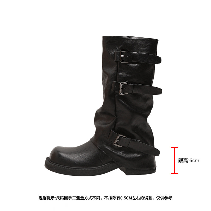 增高8cm~葡萄妈款皮带扣方圆头褶皱中筒骑士西部褶皱堆堆裤管女靴|undefined
