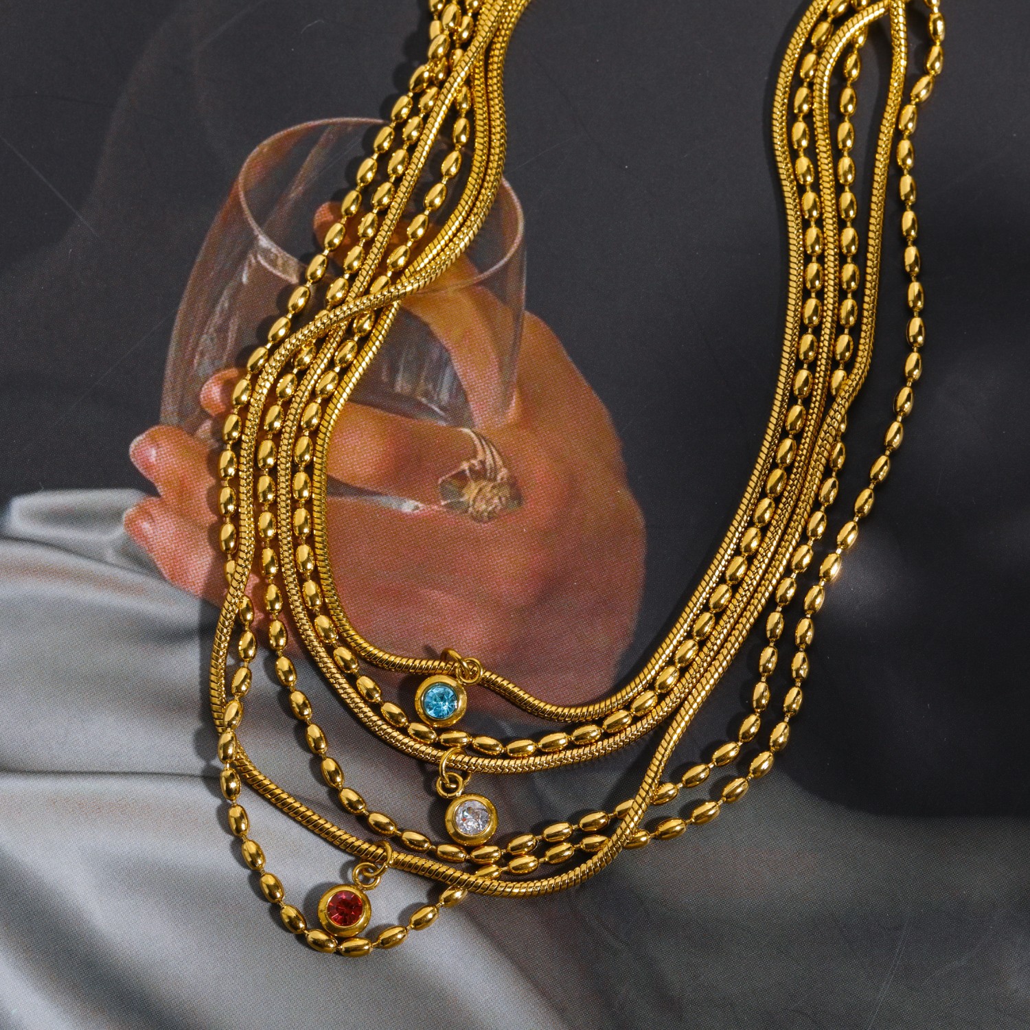 Retro Round Titanium Steel Plating Zircon Layered Necklaces