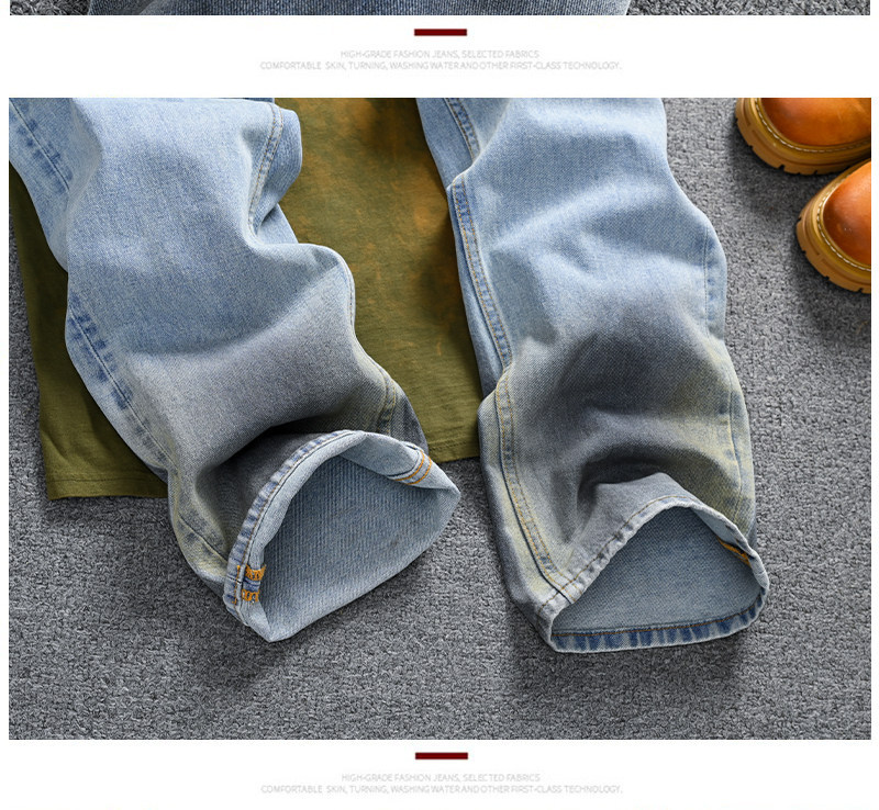 Men's Vintage Washed Jeans - Relaxed Straight-Leg High Street Denim Pants With Wave Crease Design, Light Blue_mkmklike.com